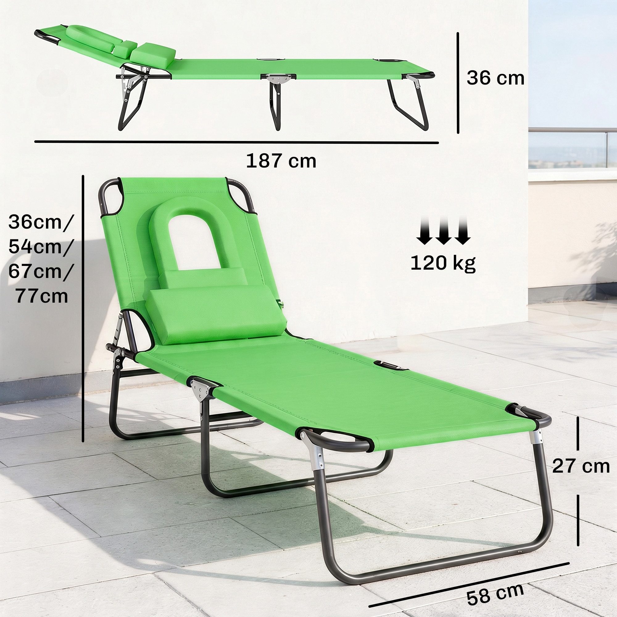 Outsunny Gartenliege mit Lesefenster, Kopfkissen, 4-Fach verstellbare Rückenlehne, Sonnenliege klappbar, 1 St., wetterfeste Liegestuhl, bis 120 kg belastbar, für Garten Strand Pool, Grün