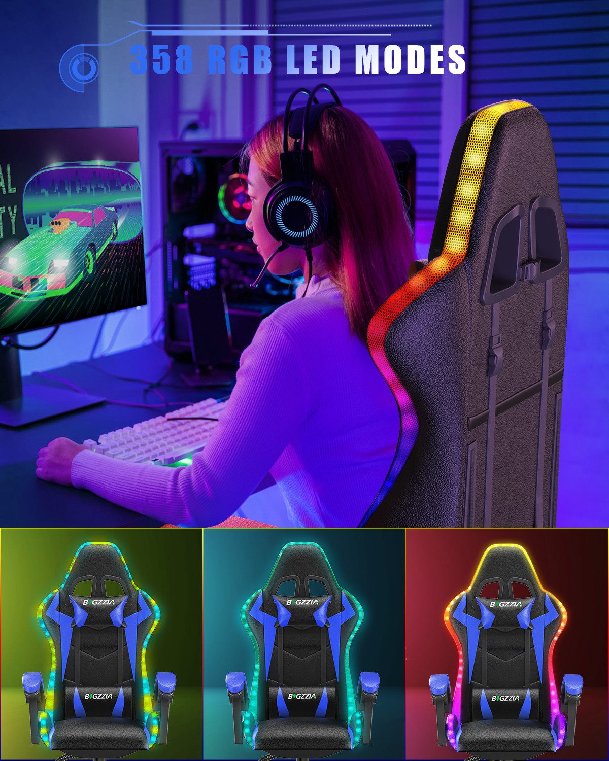 Gywowken Gaming-Stuhl mit LED - Gaming Chair Ergonomisch - 90-155° Rückenlehne