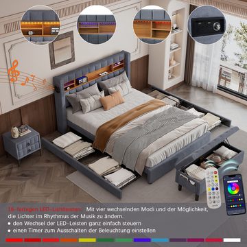 Welikera Komplettschlafzimmer Schlafzimmer Set,140x200cm Polsterbett + 1 Nachttisch Betthocker, Bett mit 16-farbigen Lichtleisten,Bluetooth-Player,USB-Aufladung