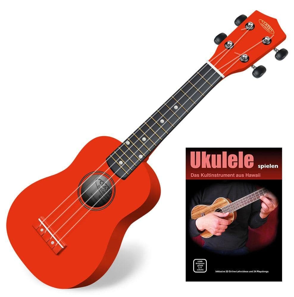 Classic Cantabile Ukulele Sopranukulele (Ukulele, Uke, 15 Bünde, leichtgängige Gitarrenmechanik), Spar-Set inklusive Ukulele-Schule