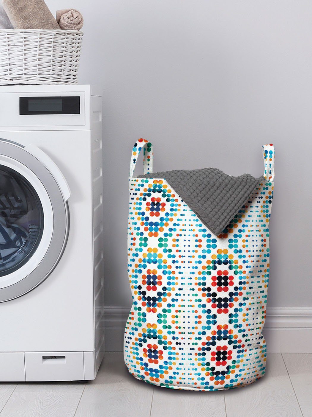 Wäschesäckchen Rund Waschsalons, Abakuhaus für Moderne Griffen Motiv Wäschekorb mit Kordelzugverschluss Geometrisch