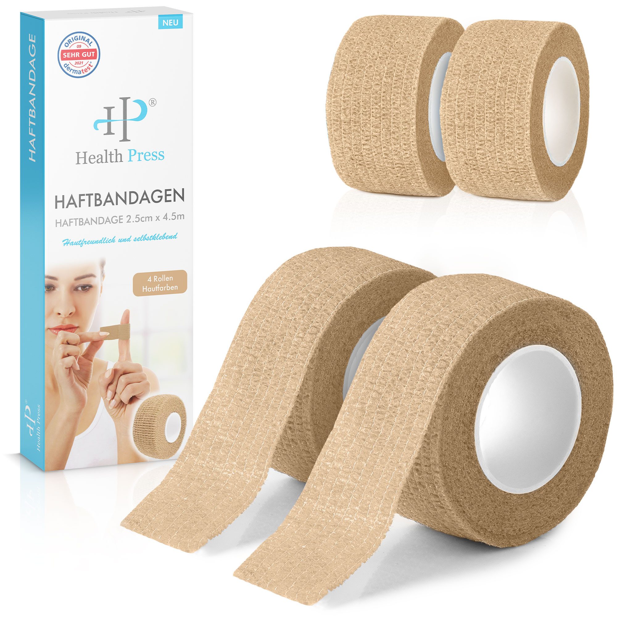 Health Press Bandage Fingerpflaster Selbsthaftend - 4x Pflaster Rolle (2,5cm x 4,5m)