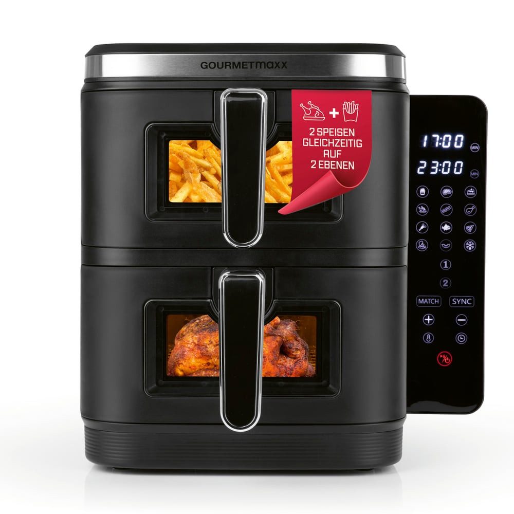 GOURMETmaxx Heißluftfritteuse FryUp Vertikale Doppelkammer-Heißluftfritteuse, 10 l - Touchscreen, Sichtfenster, 2800 W, Power von 2 Сковорідки і гриль in einem mit Sichtfenster 12 Programme