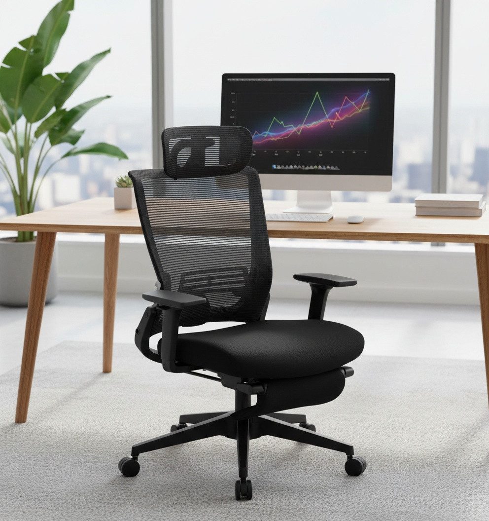 Leawin Bürostuhl Ergonomischer Drehstuhl mit Kopfstütze, Netzrücken & 3D-Armlehnen