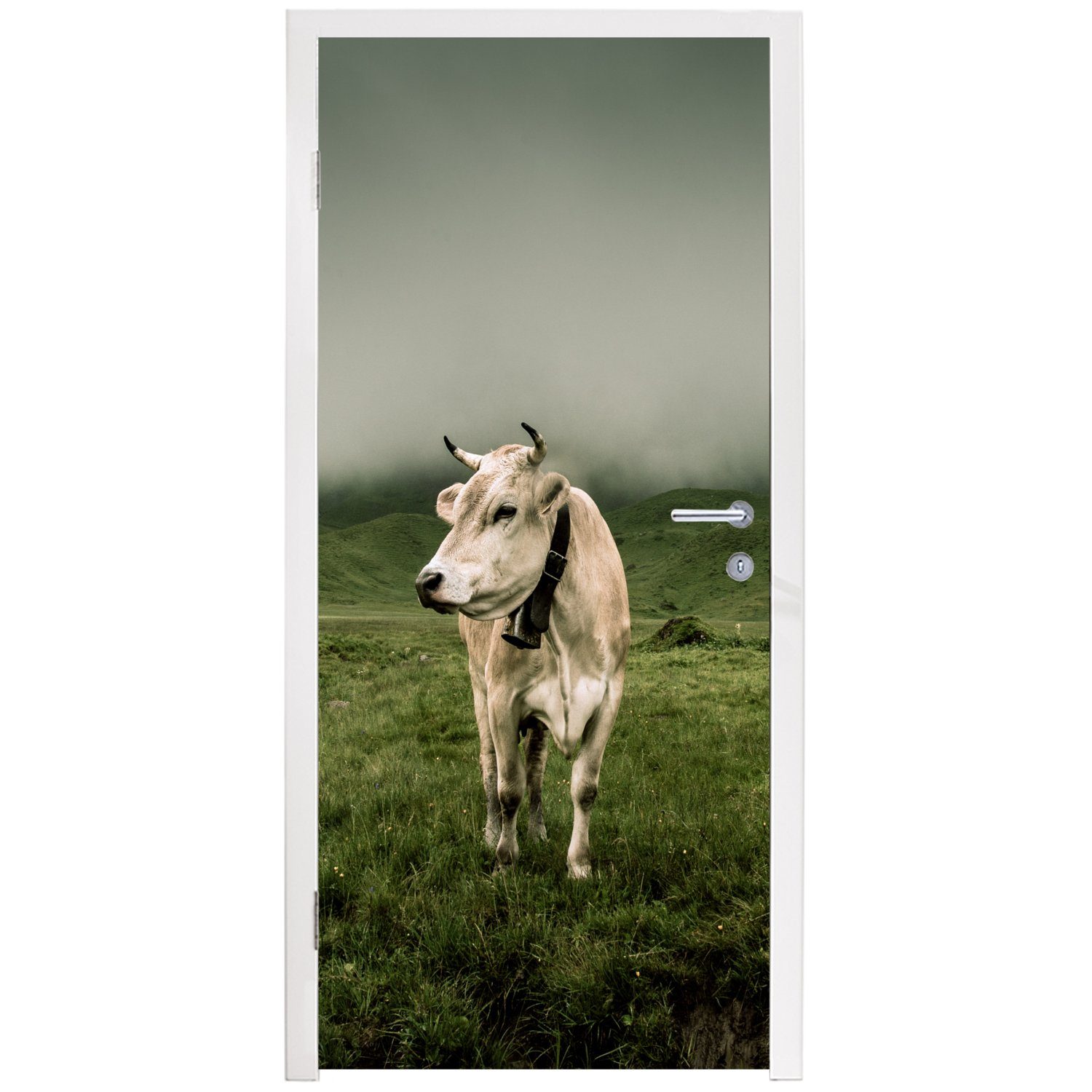 Matt, (1 Berg Nebel, bedruckt, cm - Türaufkleber, MuchoWow für Tür, St), Kuh Türtapete 75x205 Fototapete -
