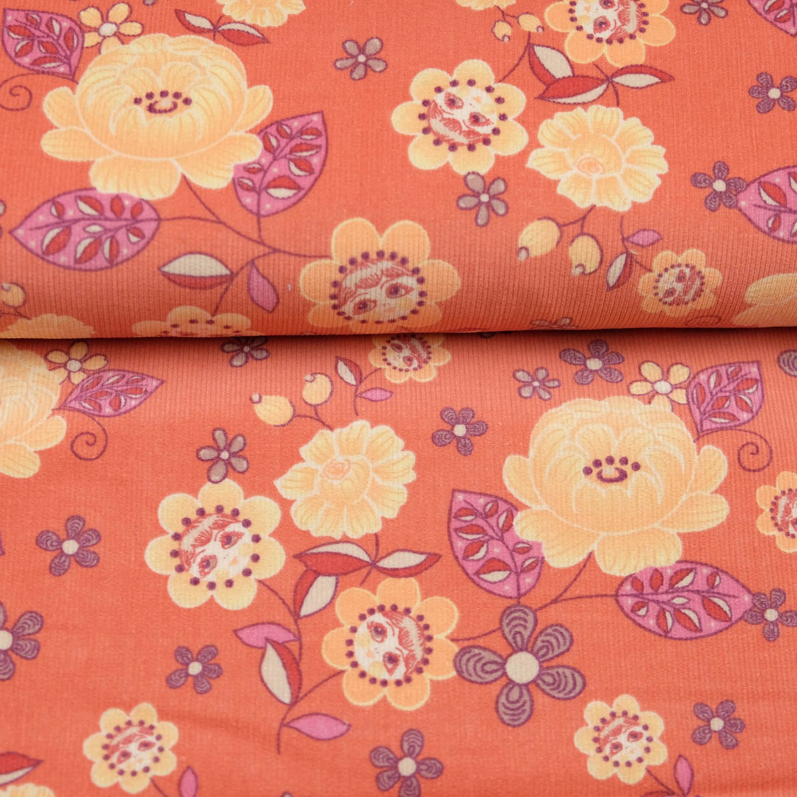 larissastoffe Stoff Cordstoff Baumwollstoff Feincord Babycord Blumen apricot, Stoff Meterware, 50 cm x 140 cm