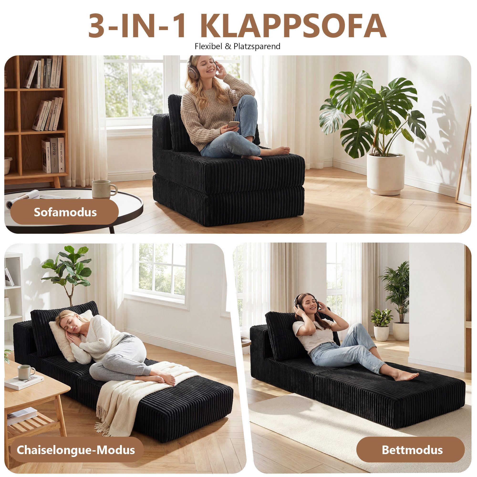 GRAVFORCE Schlafsofa mit Kissen – 3-in-1 Sessel, Rückenstütze, klappbare Matratze, Beige, 1 Teile, 3-in-1-Transformationsdesign – Bild 4 von 5