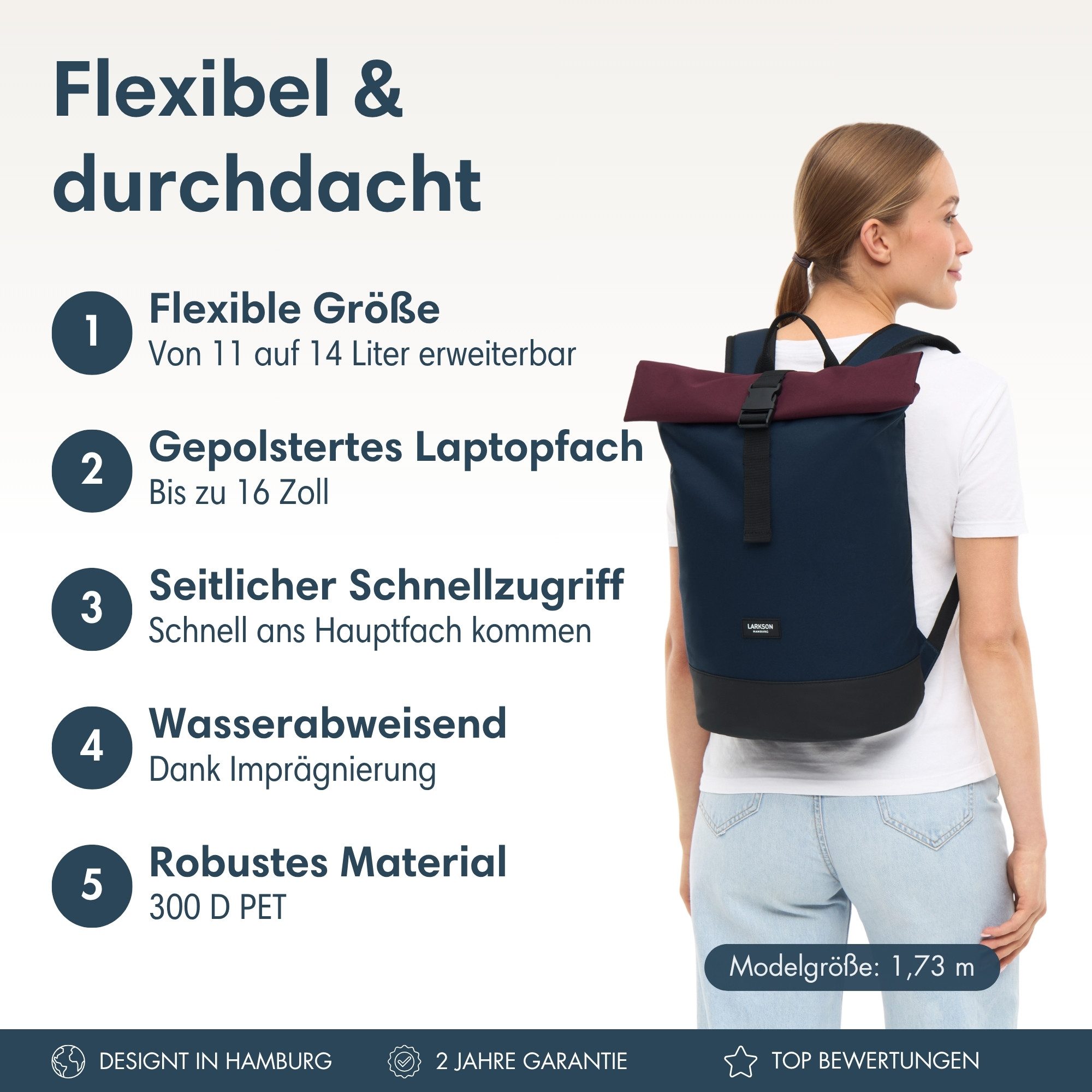 LARKSON Cityrucksack Janne Small Tagesrucksack 11-14 Liter für Damen & (1-tlg), Flexible Größe, Gepolstertes Laptopfach, Wasserabweisend