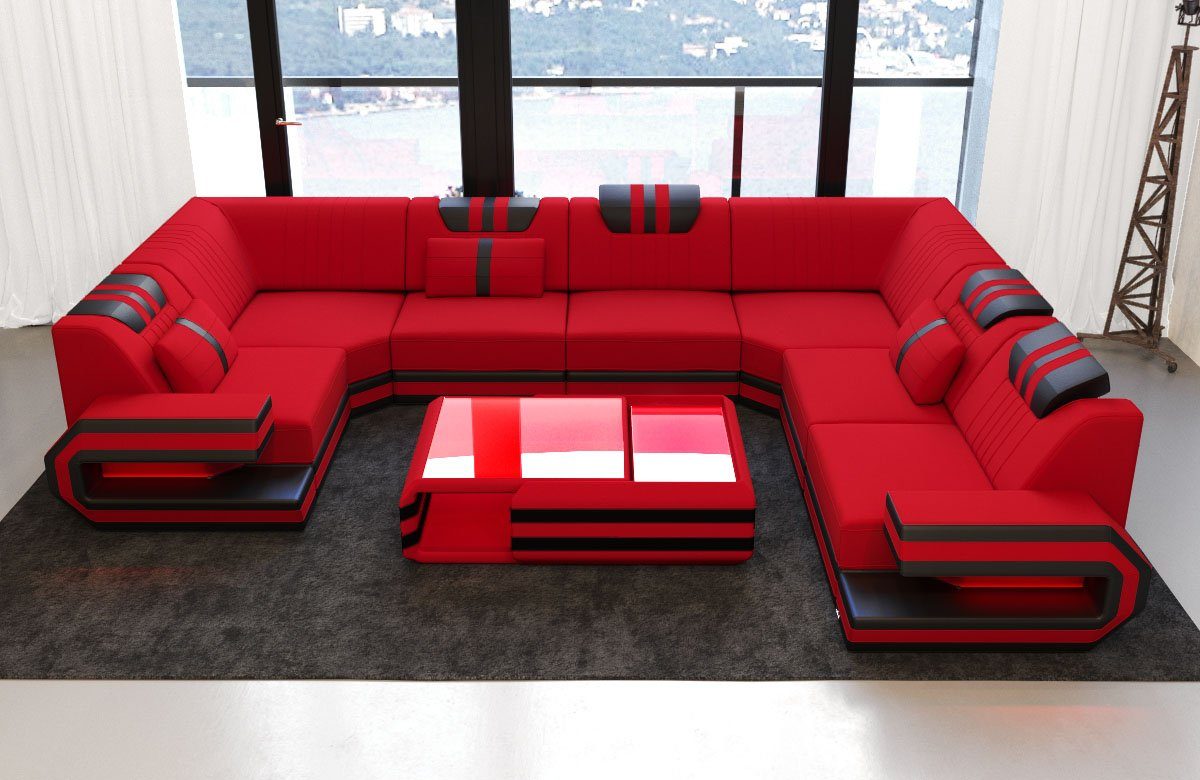 M Sofa Mikrofaser Wohnlandschaft wahlweise Hocker Polster Dreams Sofa Form Ragusa Stoff Couch rot-schwarz Design mit U Stoffsofa,