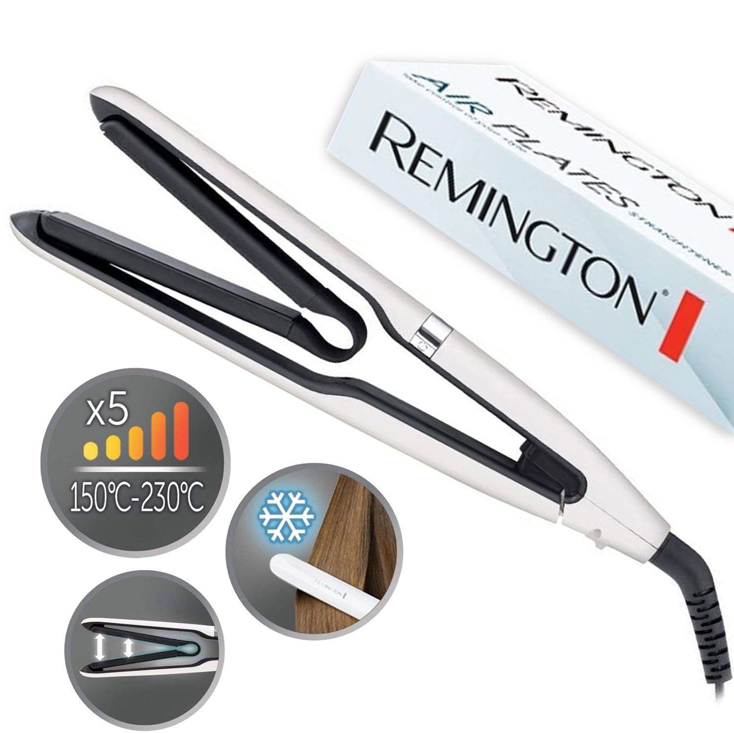 Remington Glätteisen Haarglätter Glätteisen S7412 Air Plates, Straightner,  Titanium-Keramikbeschichtung, Digitales Display, 5  Temperatur-Einstellungen, Tastensperre, Transportverriegelung,  Cool-Touch-Gehäuse, etc.