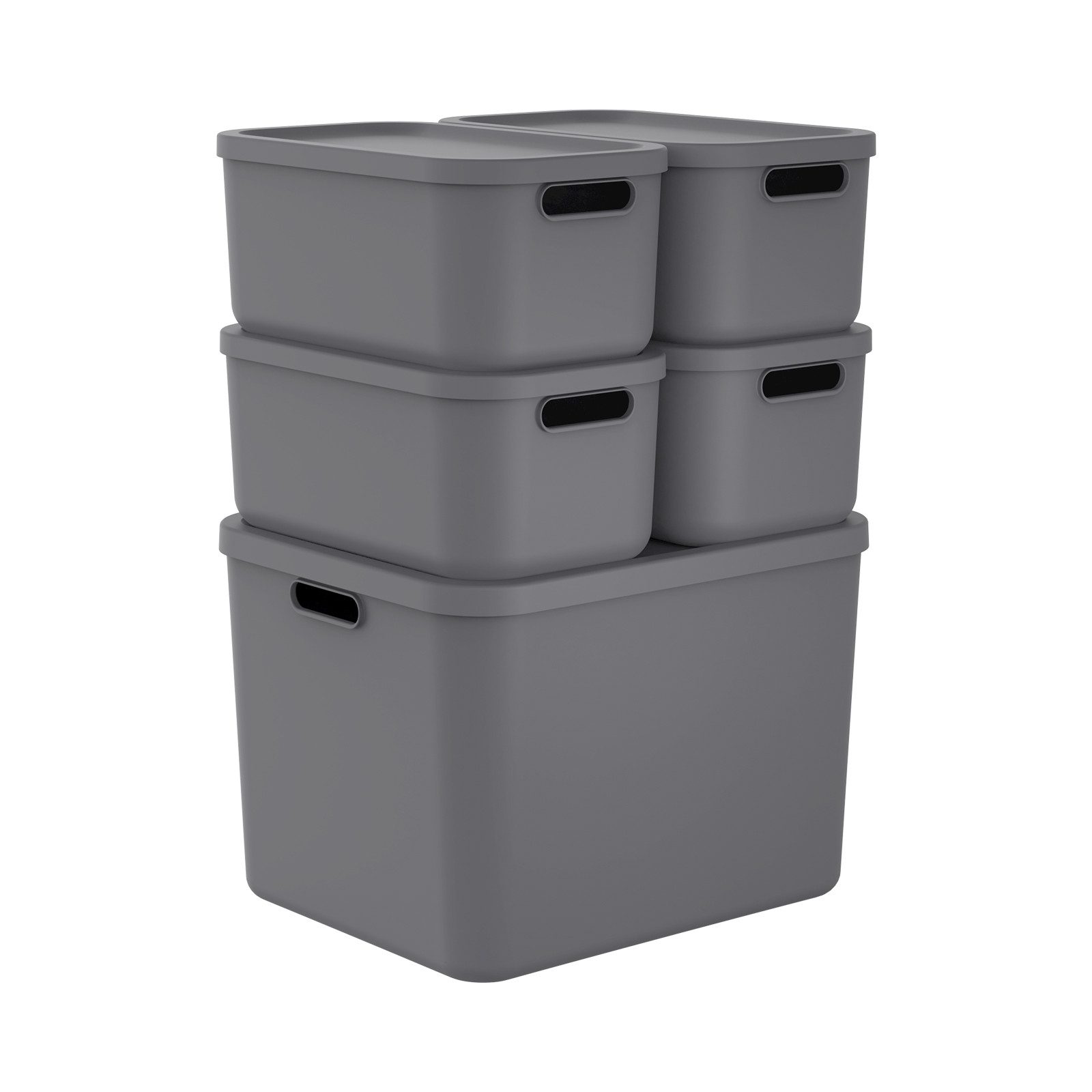 ROTHO Stapelbox Albula Light Set 5tlg. 4x 12l und 55l Aufbewahrungsboxen mit Deckel (5-teilig, Boxen-Set), Kisten stapelbar und mit Grifföffnungen