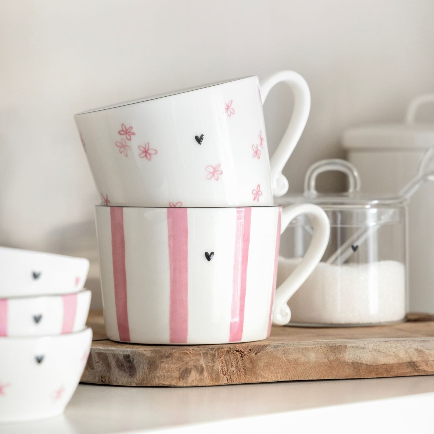 Bastion Collections Tasse Rose, Keramik, Spülmaschinengeeignet, Weiß, Streifen, H: 7cm