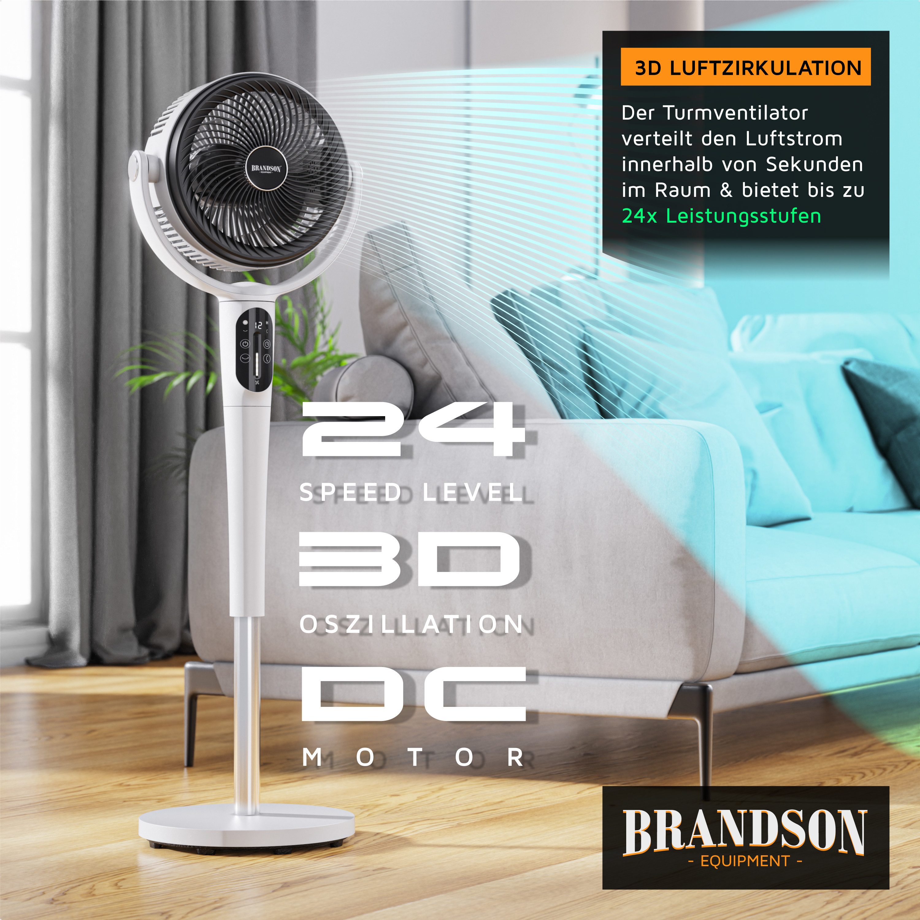 Brandson Standventilator mit Fernbedienung, leise, DC, 60% Energieersparnis, 3D Oszillation, 21.5 cm Durchmesser, Preisträger 2025, Nachtlicht, Timer, 24 Stufen, 88,5 - 109,5 cm
