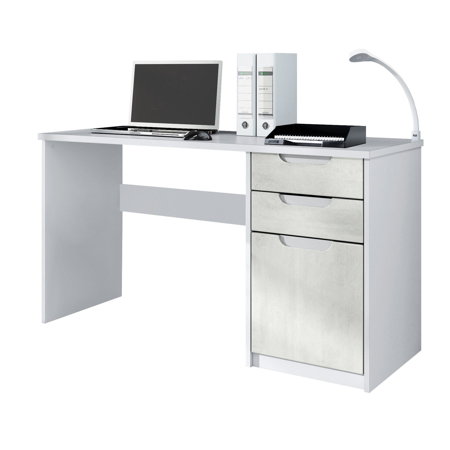 Vladon Schreibtisch Logan (Bürotisch, mit 2 Schubladen und 1 Tür), Weiß matt/Beton Oxid Optik (129 x 76 x 60 cm)
