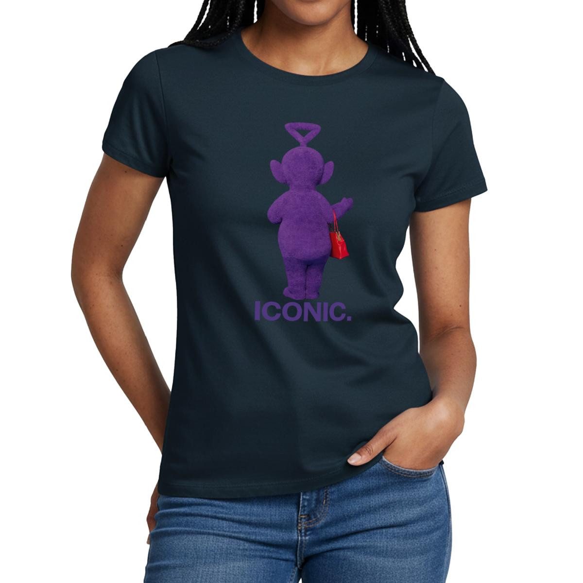 Spreadshirt T-Shirt Teletubbies Iconic-Design Tinky Winky & Handtasche Frauen T-Shirt (1-tlg)