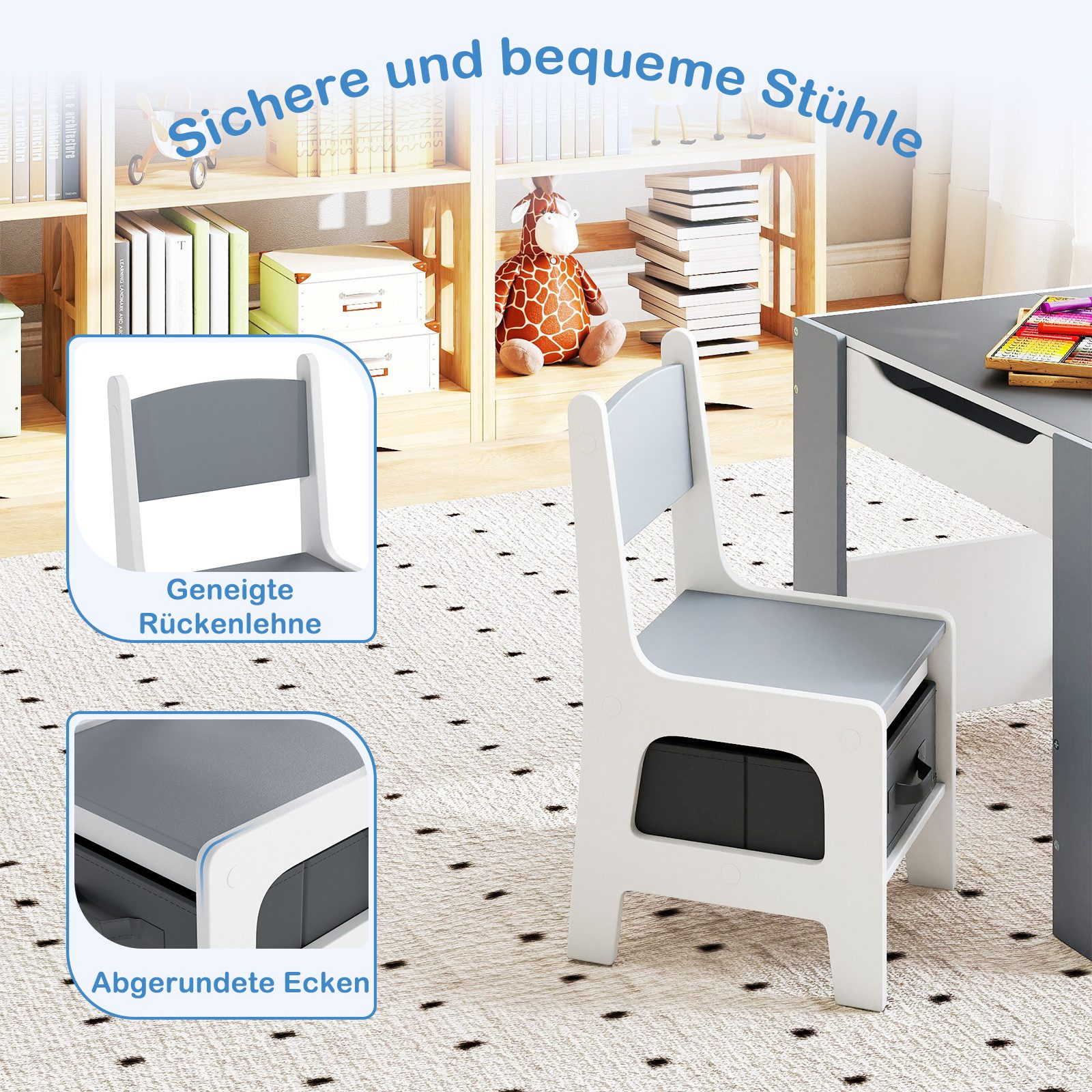 COSTWAY Kindersitzgruppe, (3-tlg), 4-in-1 Kindertisch mit 2 Stühlen, Stauraum