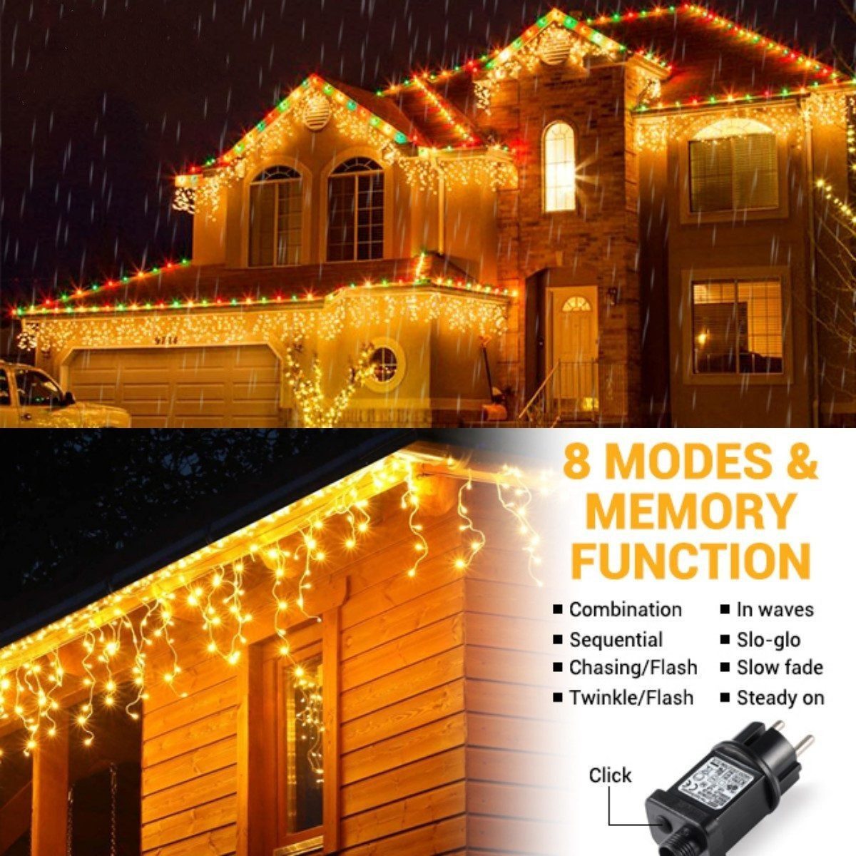 Elegear LED-Lichterkette 4M LED lichterkette Weihnachtsdeko mit Timer/Memory-Funktion, Warmweiß, 144-flammig, Lichtervorhang Eisregen Außen, Eiszapfen Regenlichterkette Erweiterbar