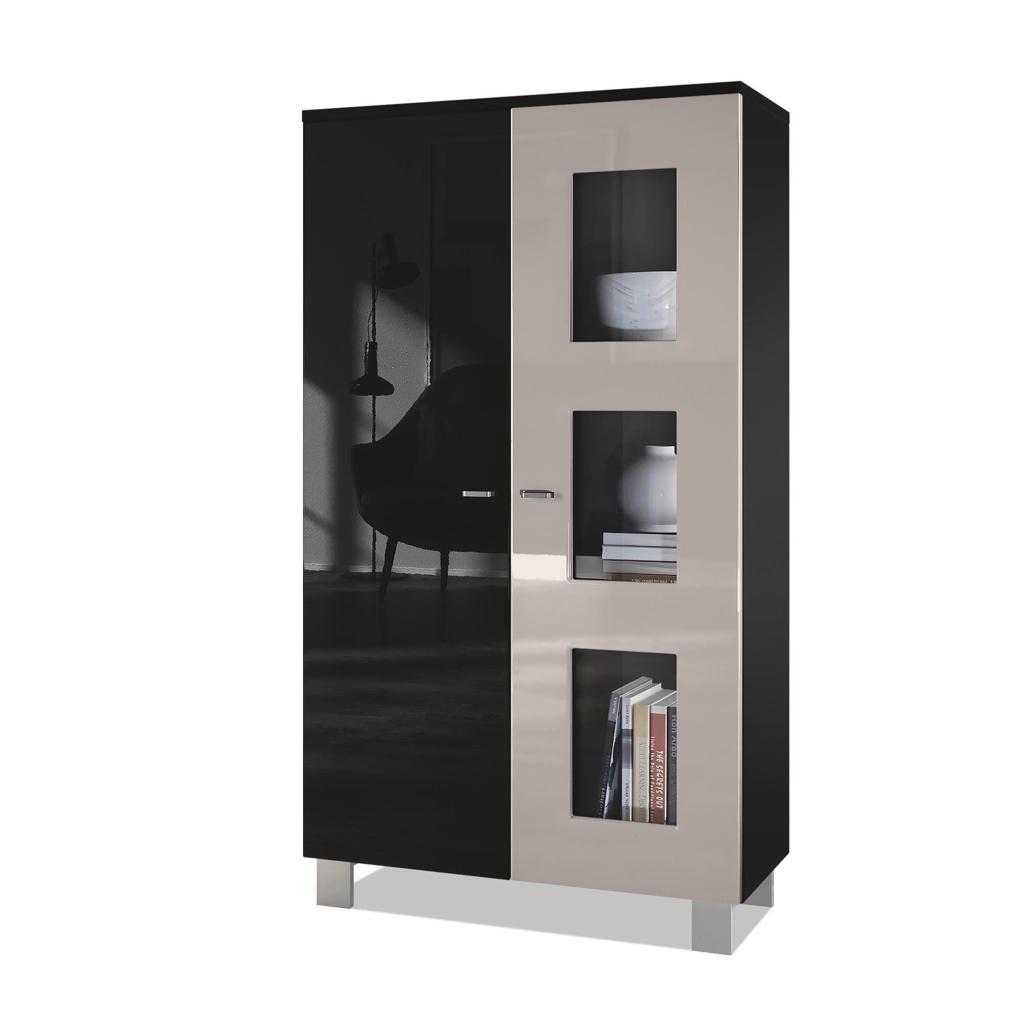 Vladon Standvitrine Denjo (Standvitrine, mit 2 Türen und 3 Glaseinsätzen) Schwarz matt/ Schwarz Hochglanz/ Sandgrau Hochglanz (71 x 129 x 35 cm)