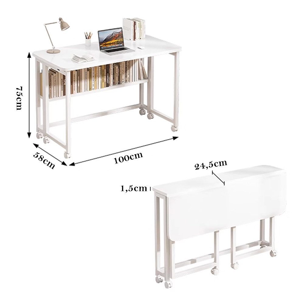 AFKSMILE Schreibtisch Schreibtisch Klappbar, Computertisch mit Rollen Regal, Beistelltisch, Platzsparender Klappschreibtisch für Homeoffice Arbeitszimmer, Weiß