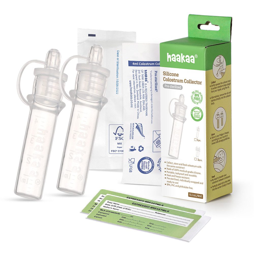 Haakaa Handmilchpumpe Kolostrum Sammler 2er Set Milchauffänger, 2-tlg., Einzeln verpackt und sterilisiert, Klare Messwerte, Ungiftig und sicher für Neugeborene