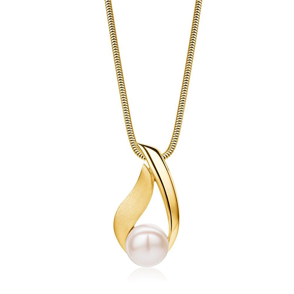 Miore Perlenkette Damen 925 Silber oder Silber 18K vergoldet - Perlenanhänger 13 x 24 mm, Perlengröße 8 mm - Schlangenkette 45 cm