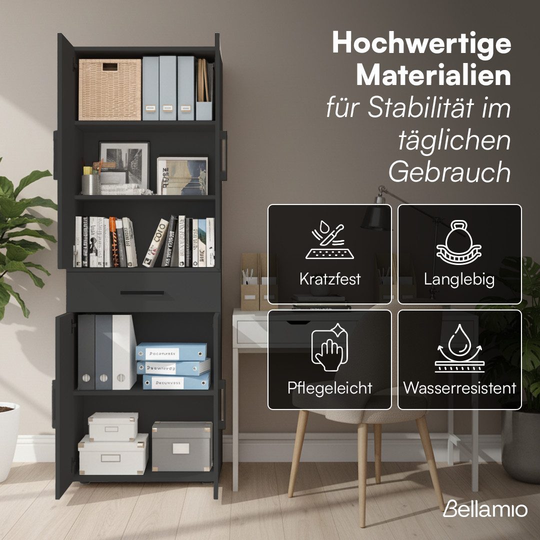 Bellamio Mehrzweckschrank Apol (Schwarz) Aktenschrank mit 6 Fächern, inkl. 1 Schublade, robust & kratzfest