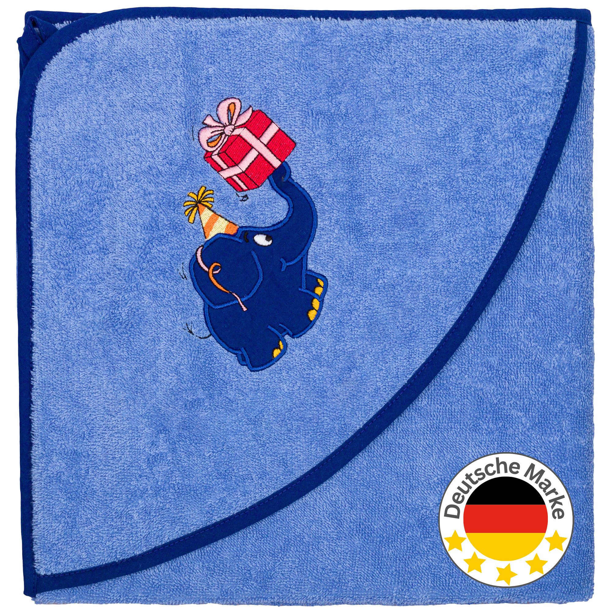 Smithy Kapuzenhandtuch Blauer Elefant Geburtstag, 100x100, Frottier (1-St)