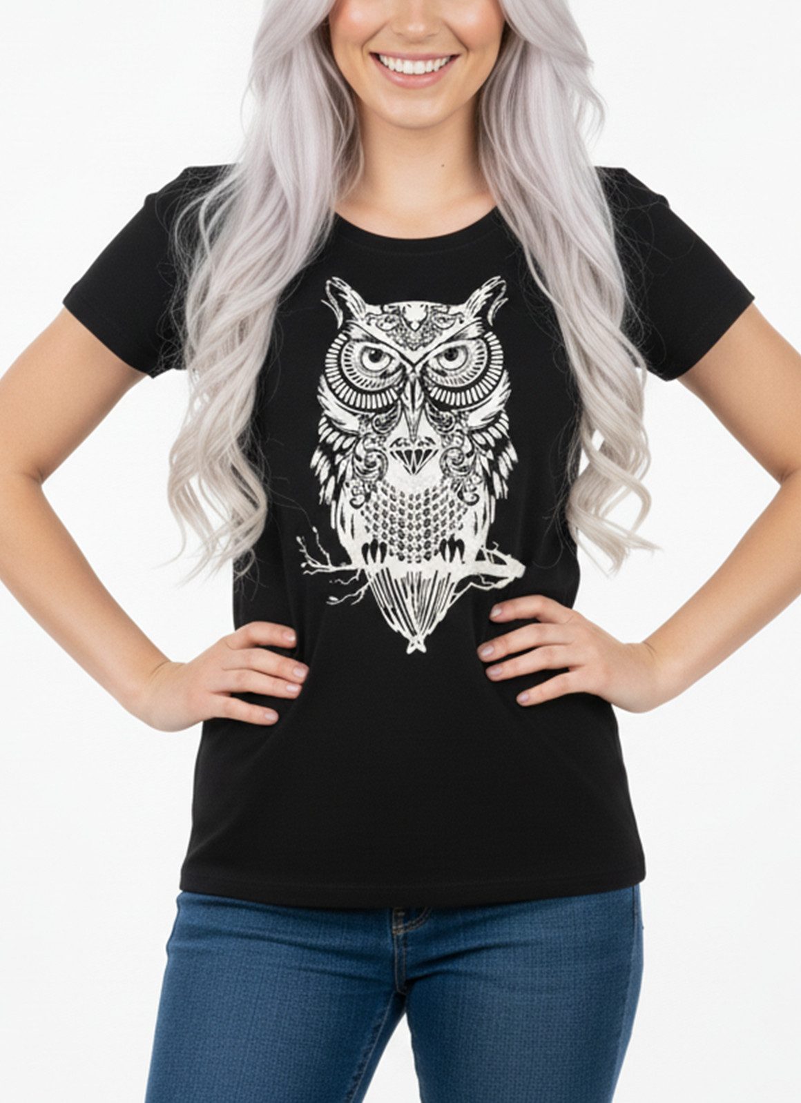 MAKAYA T-Shirt Damen Kurzarm mit Aufdruck Motiv Eule Coole Sommer Tops Frauen Owl