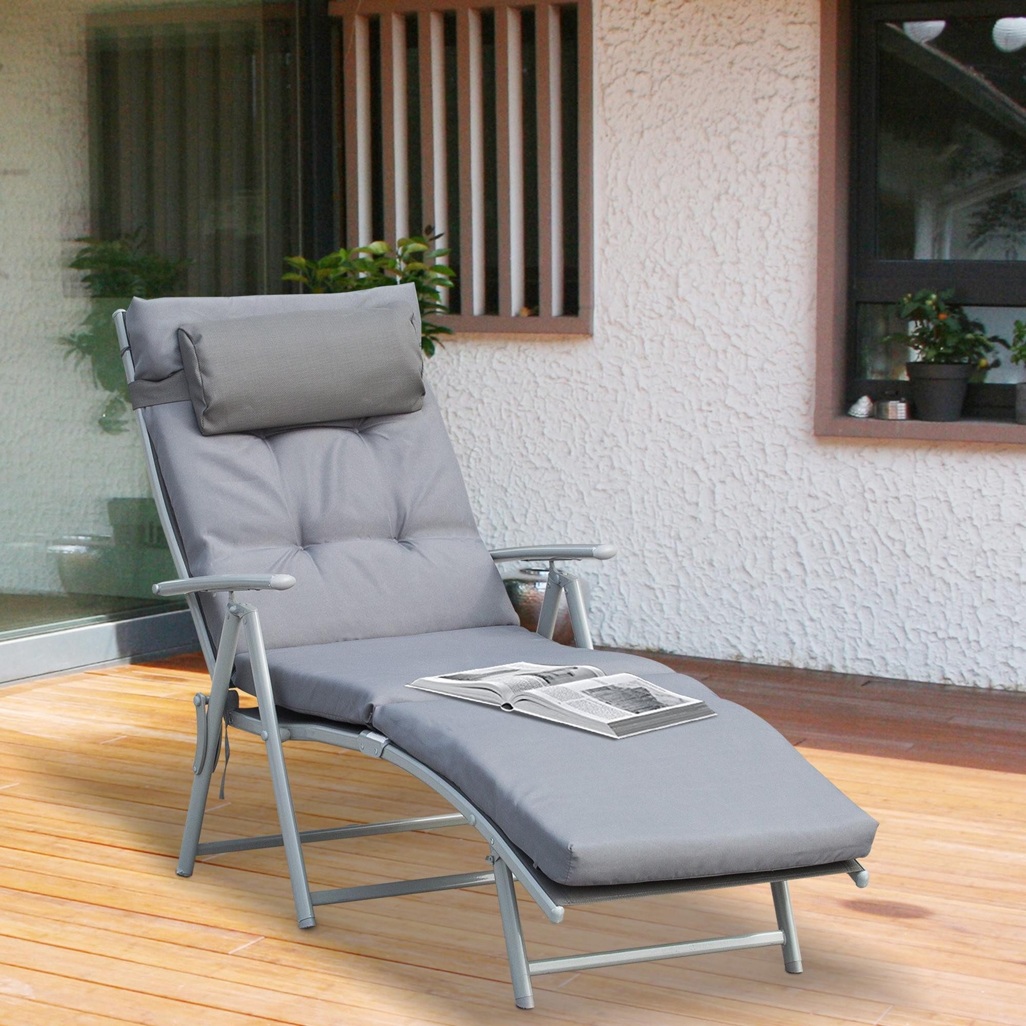 Outsunny Gartenliege Strandliege mit Kopfkissen, Liegestuhl bis 165 kg belastbar., Liege, 1 St., Sonnenliege, Gartenliege 7-stufig Verstellbar Klappbar Metall Grau