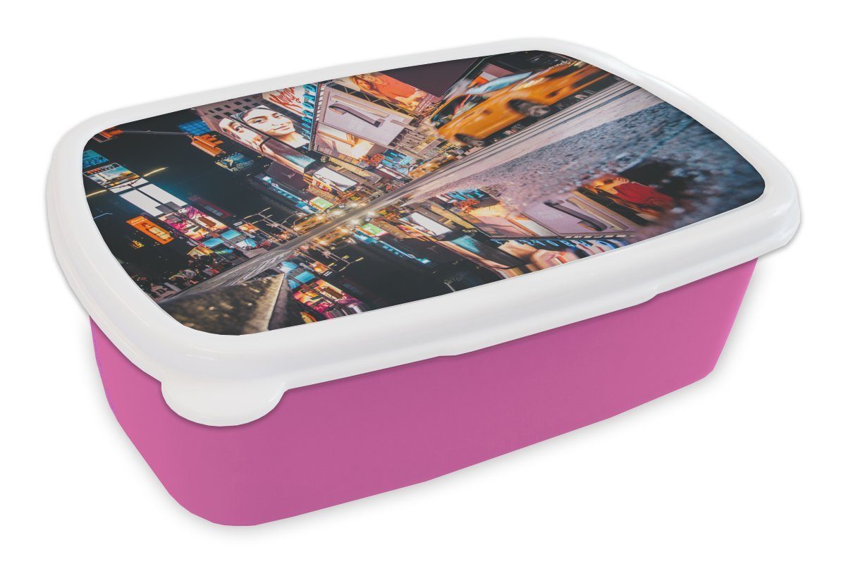 MuchoWow Lunchbox New York - Wasser - Werbeschild, Kunststoff, (2-tlg), Brotbox für Erwachsene, Brotdose Kinder, Snackbox, Mädchen, Kunststoff rosa