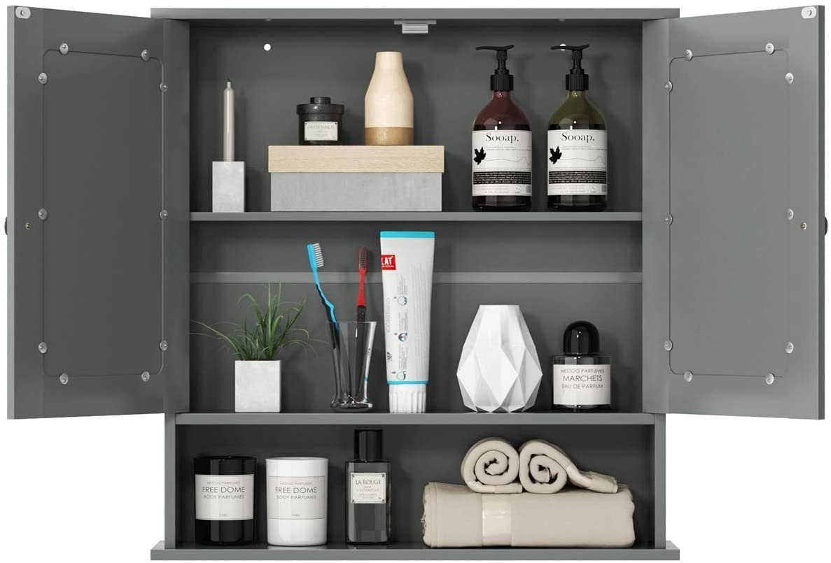 COSTWAY Spiegelschrank Badzimmerschrank mit grau höhenverstellbarer Ablage