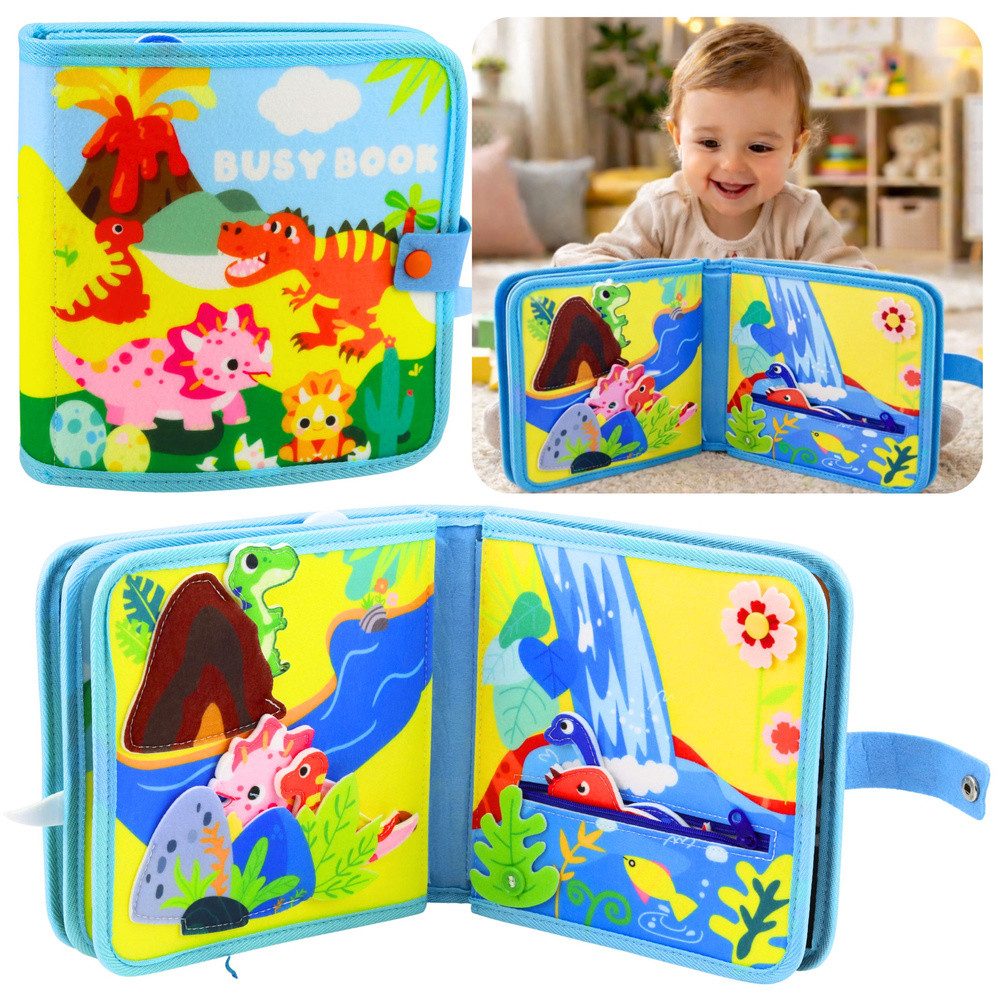 LEAN TOYS Stoffbuch Fühlbuch Beschäftigungsbuch Dinosaurierbuch (Spar-Set, 1-St., 21 x 21 x 5 cm weich), Weichfilz, bewegliche Teile, Verschluss, 21 x 21 cm