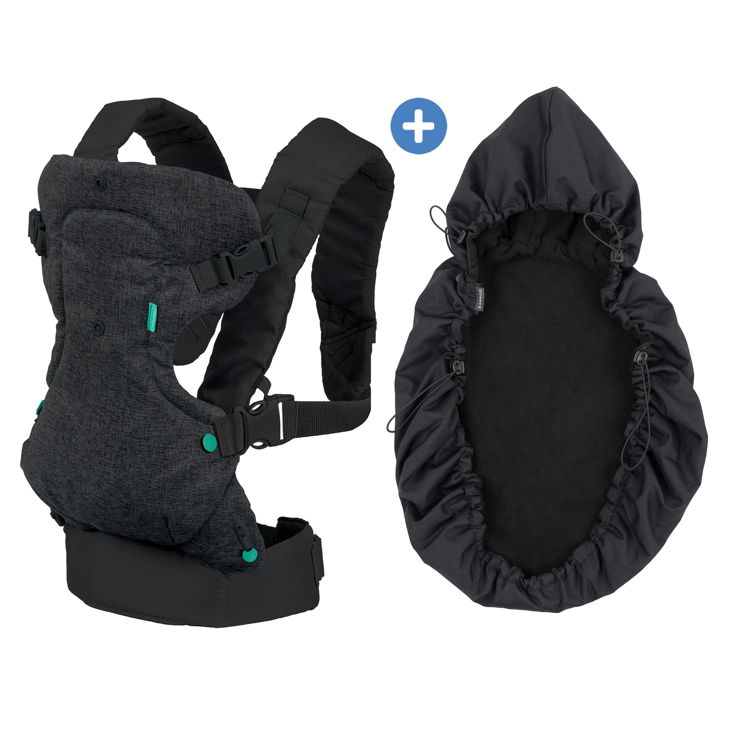 Infantino BKids Babytrage Flip Advanced - Denim, Baby Bauchtrage Rückentrage ab Geburt von 3,6-14,5 kg mit Regenschutz