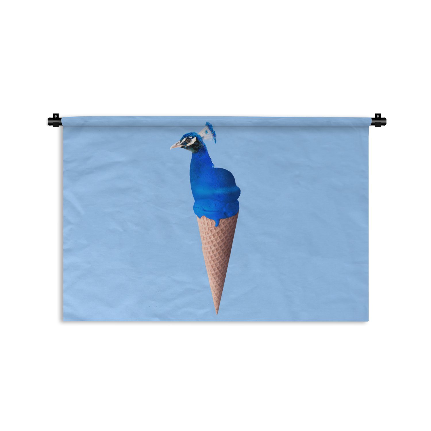 MuchoWow Wanddekoobjekt Pfau - Eistüte - Eiscreme - Blau - Vogel, Wanddeko für Wohnzimmer, Schlafzimmer, Kleid, Wandbehang, Kinderzimmer