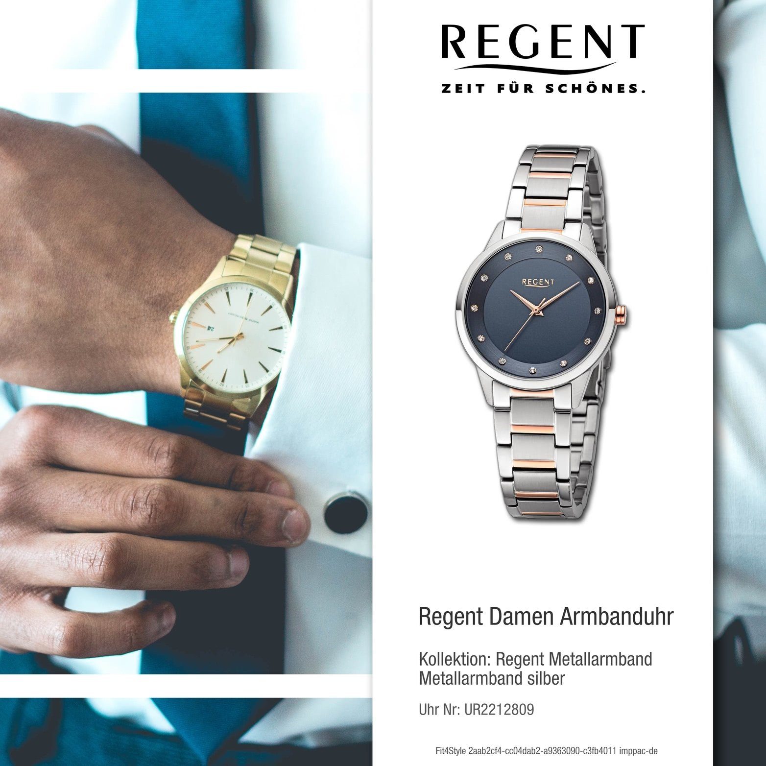 silber, Damen Regent (33mm) groß Analog, rosegold, rundes Quarzuhr Damenuhr Gehäuse, Metallarmband Armbanduhr Regent