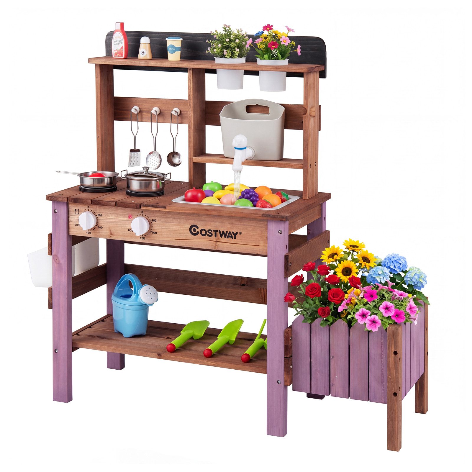 COSTWAY Outdoor-Spielküche Tannenholz, Mit Wasserhahn, Spülbecken, Pflanzkasten & Blumentopf