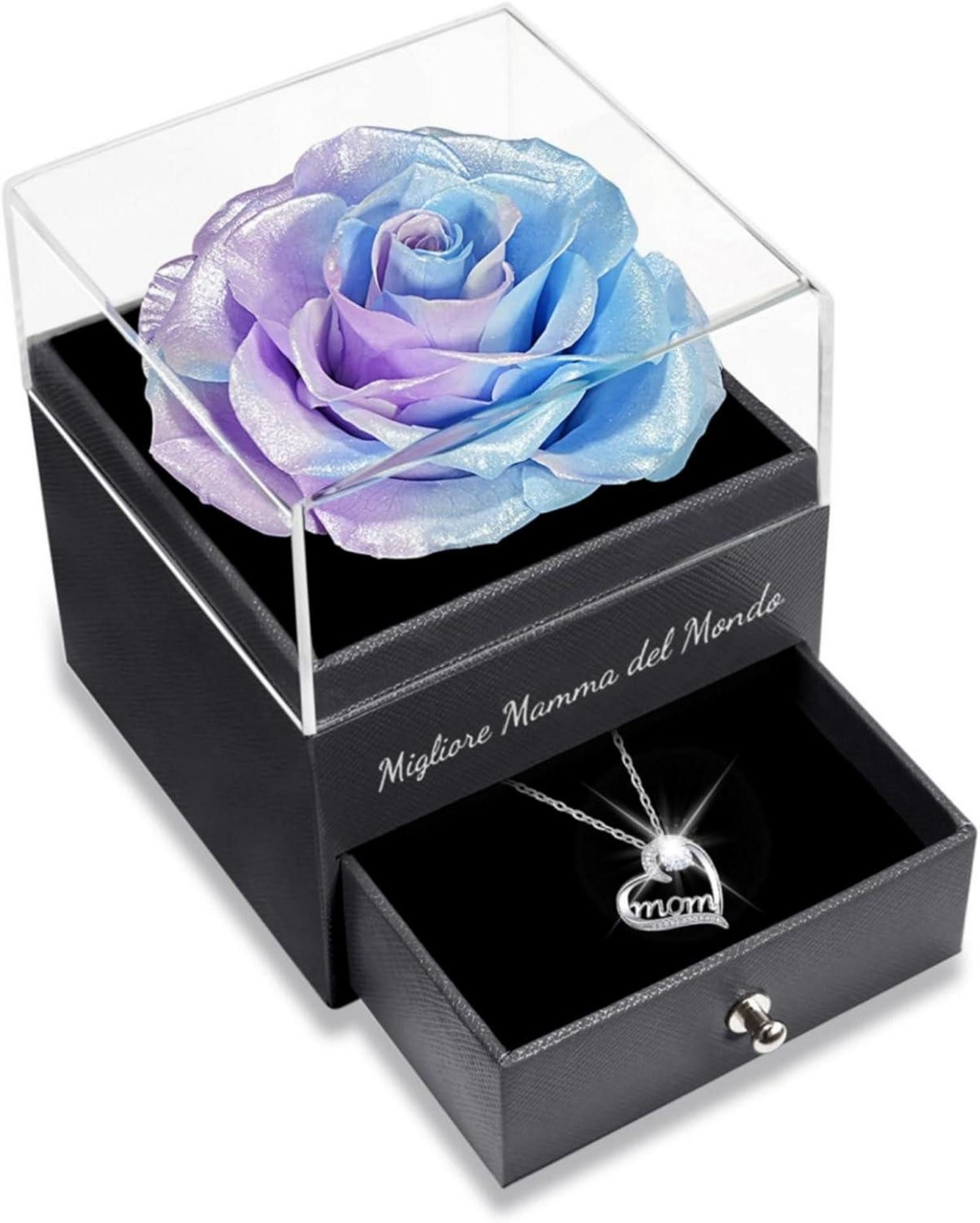 Kette und Anhänger Set Ewige Rose Blume mit Mom Halskette 925 Silber, Geschenk Muttertag