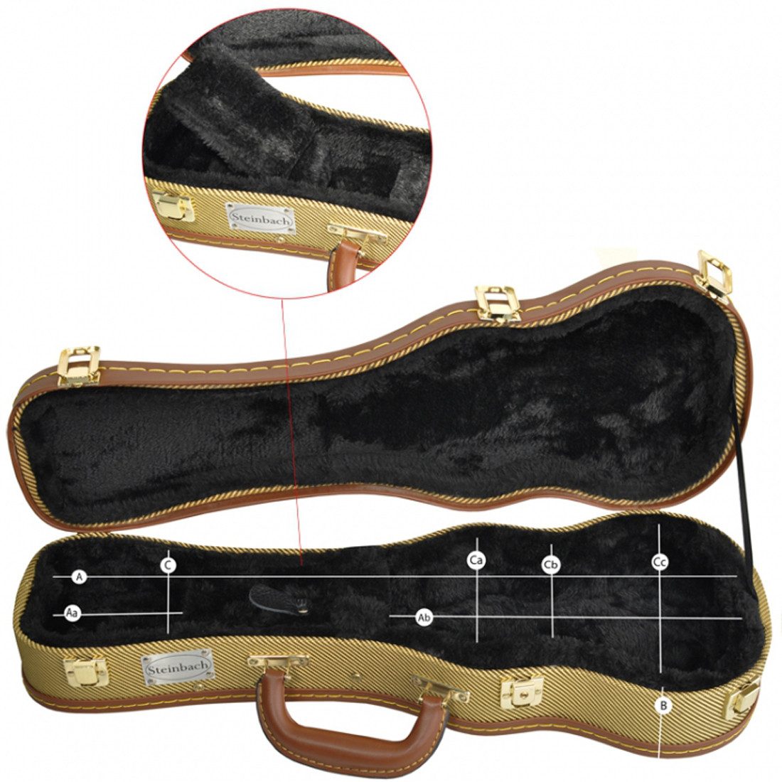 Steinbach Gitarrentasche Ukulelenkoffer für Sopranukulelen mit Schloss in Gold Tweed