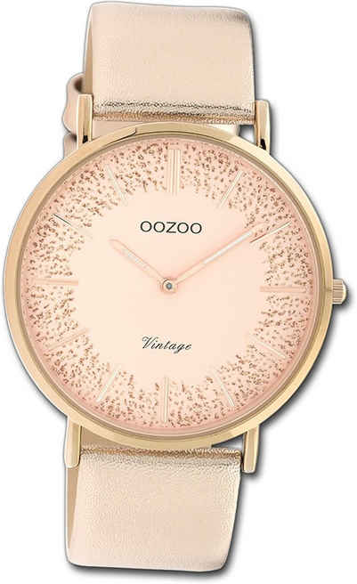 OOZOO Quarzuhr Oozoo Damen Armbanduhr Ultra Slim, Damenuhr Lederarmband roségold, rundes Gehäuse, groß (ca. 40mm)