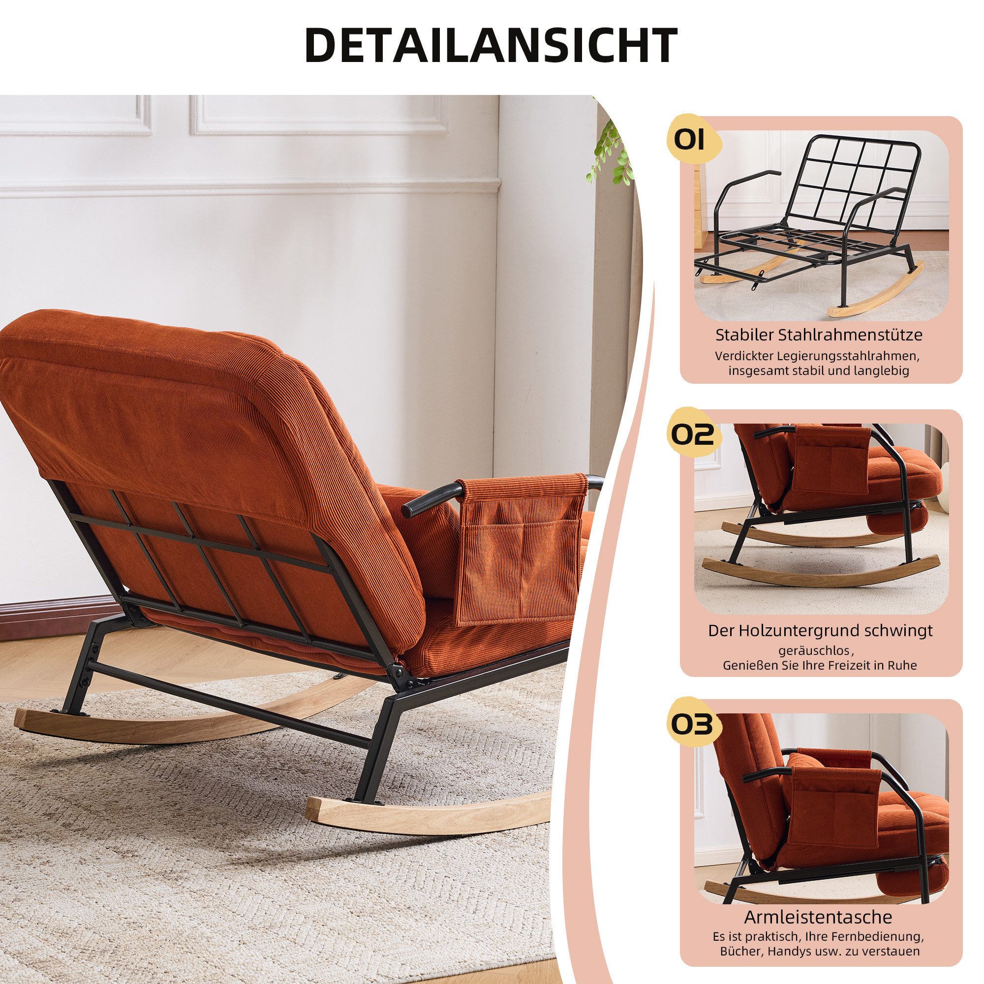 Leawin Schaukelstuhl Wohnzimmer mit Hocker & gepolstertem Kissen Cord, Großer Relax Schaukelstuhl mit Liegefunktion Cord