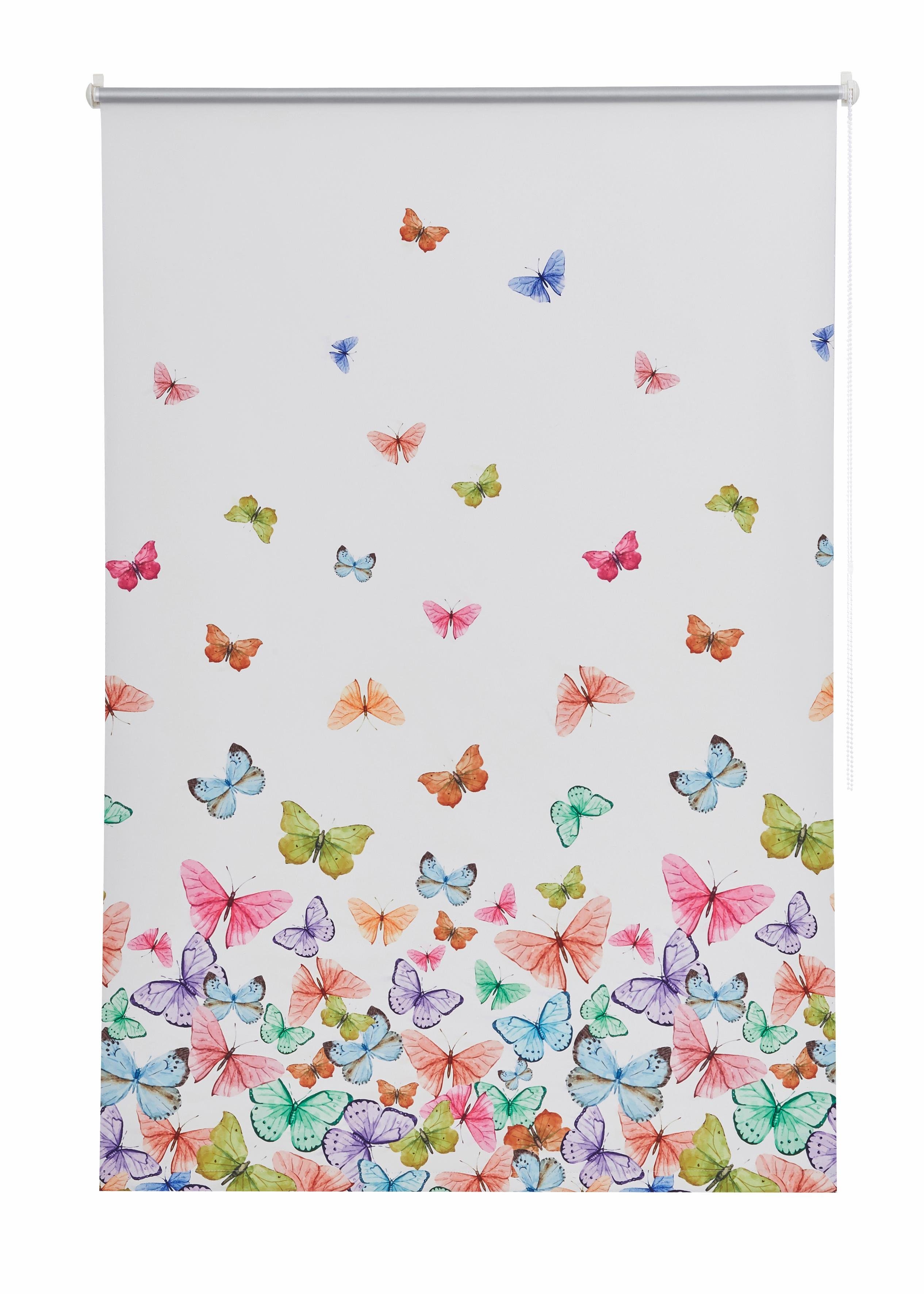 Seitenzugrollo Butterfly, Home affaire, verdunkelnd, ohne Bohren, freihängend, Klemmfix, Hitzeschutz, Schmetterlinge, bunt, bedruckt, Klemmträger