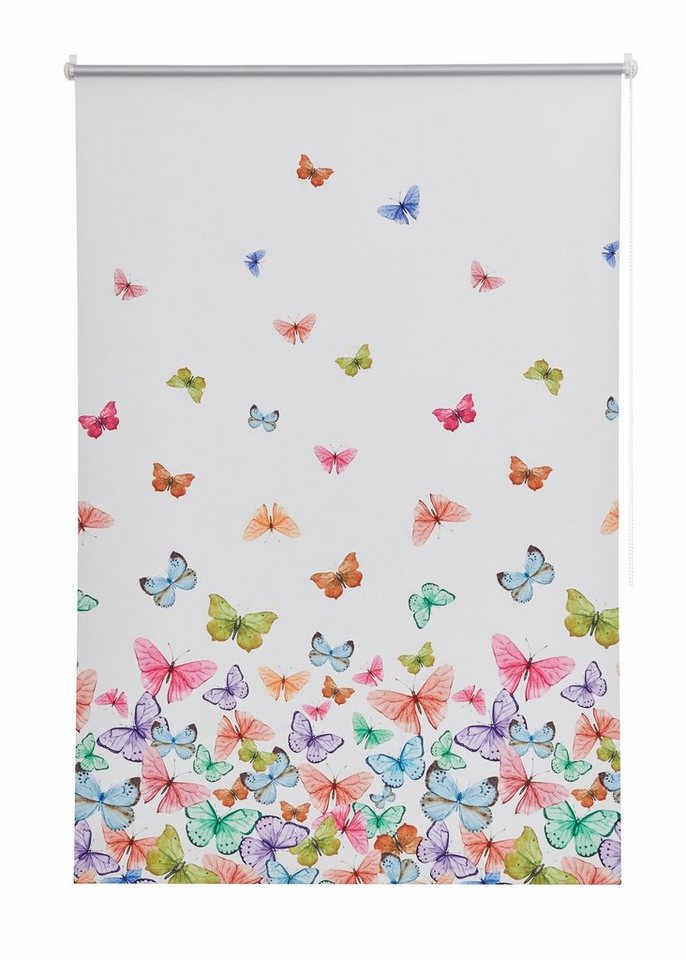 Seitenzugrollo Butterfly, Home affaire, verdunkelnd, ohne Bohren,  freihängend, Klemmfix, Hitzeschutz, Schmetterlinge, bunt, bedruckt,  Klemmträger