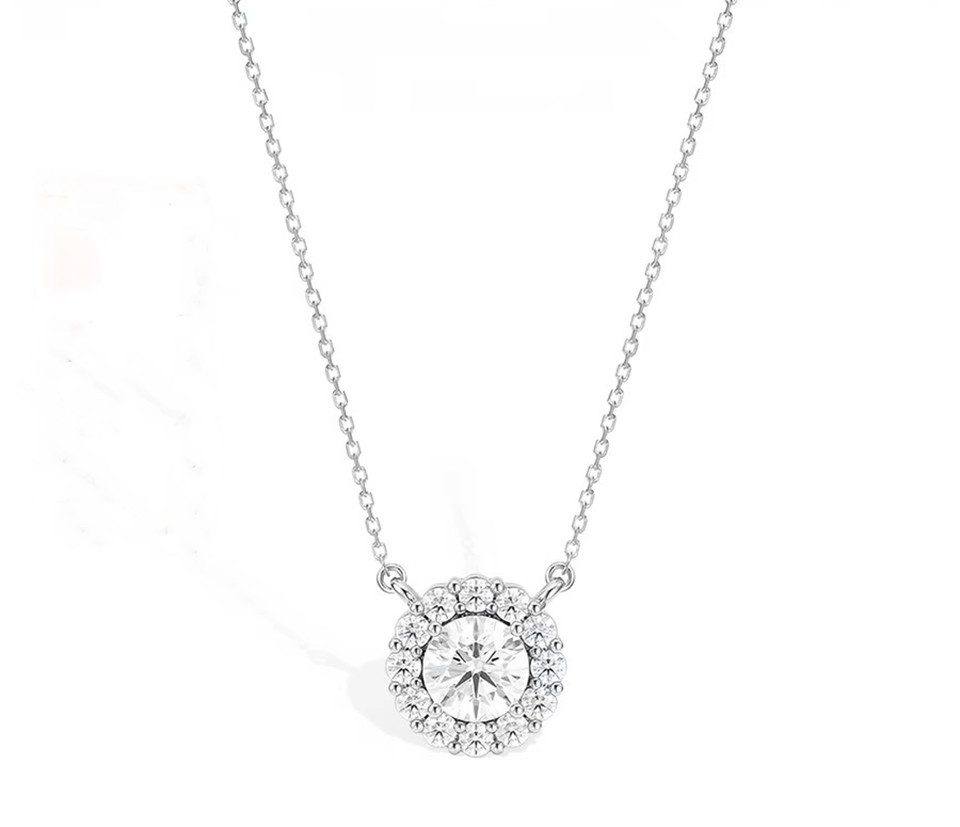 Jumpeak Kette mit Anhänger HaloDiamanthalskette,Halskette mit Runddiamant,0,5 ct / 1 ct,D,VS1, 585 Gold,Geburtstagsgeschenk,Weihnachtsgeschenk