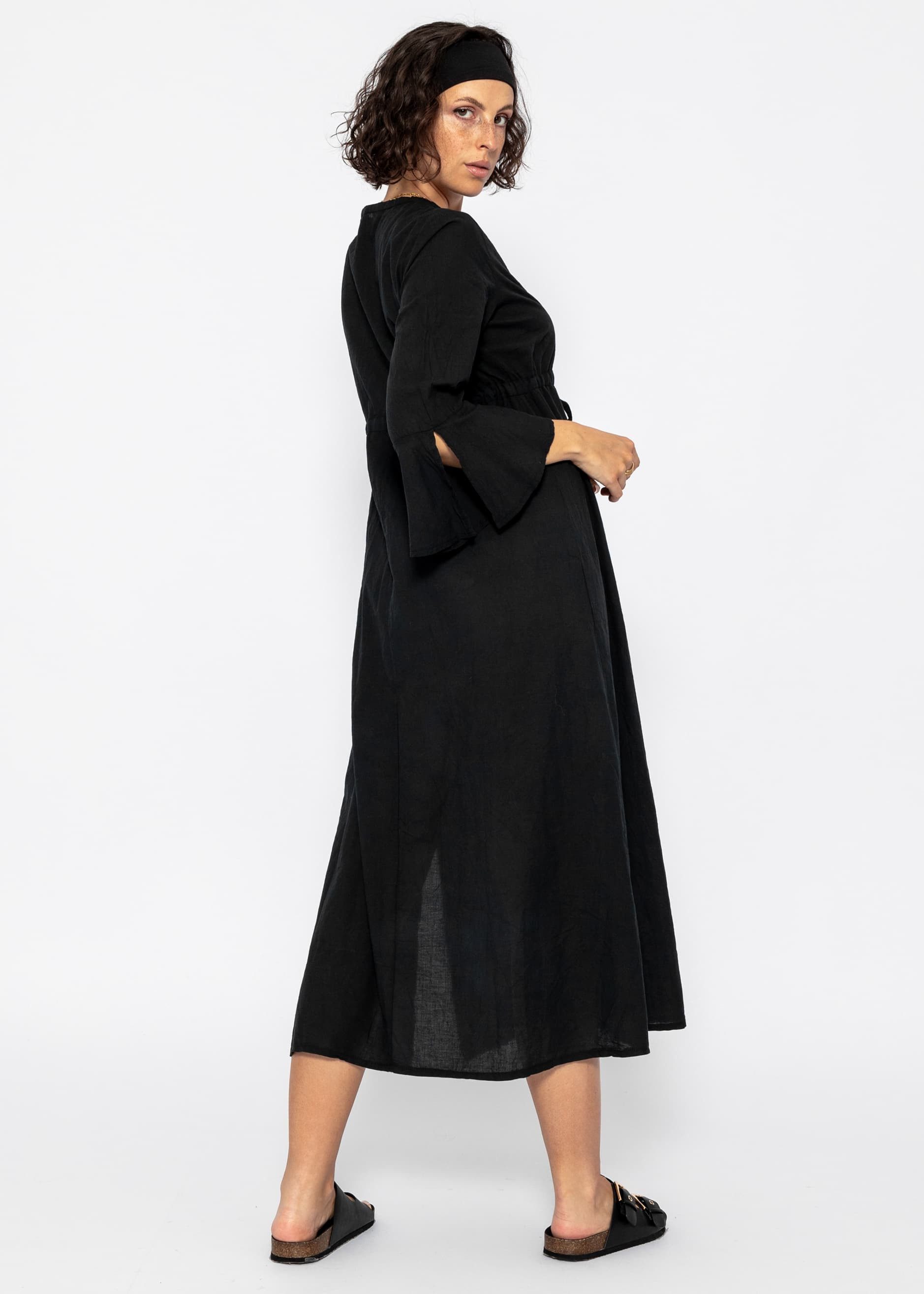 SASSYCLASSY Midikleid Baumwollkleid mit Schlitz und weiten Ärmeln Luftiges Midi Kleid mit 3/4 Ärmeln und V-Ausschnitt
