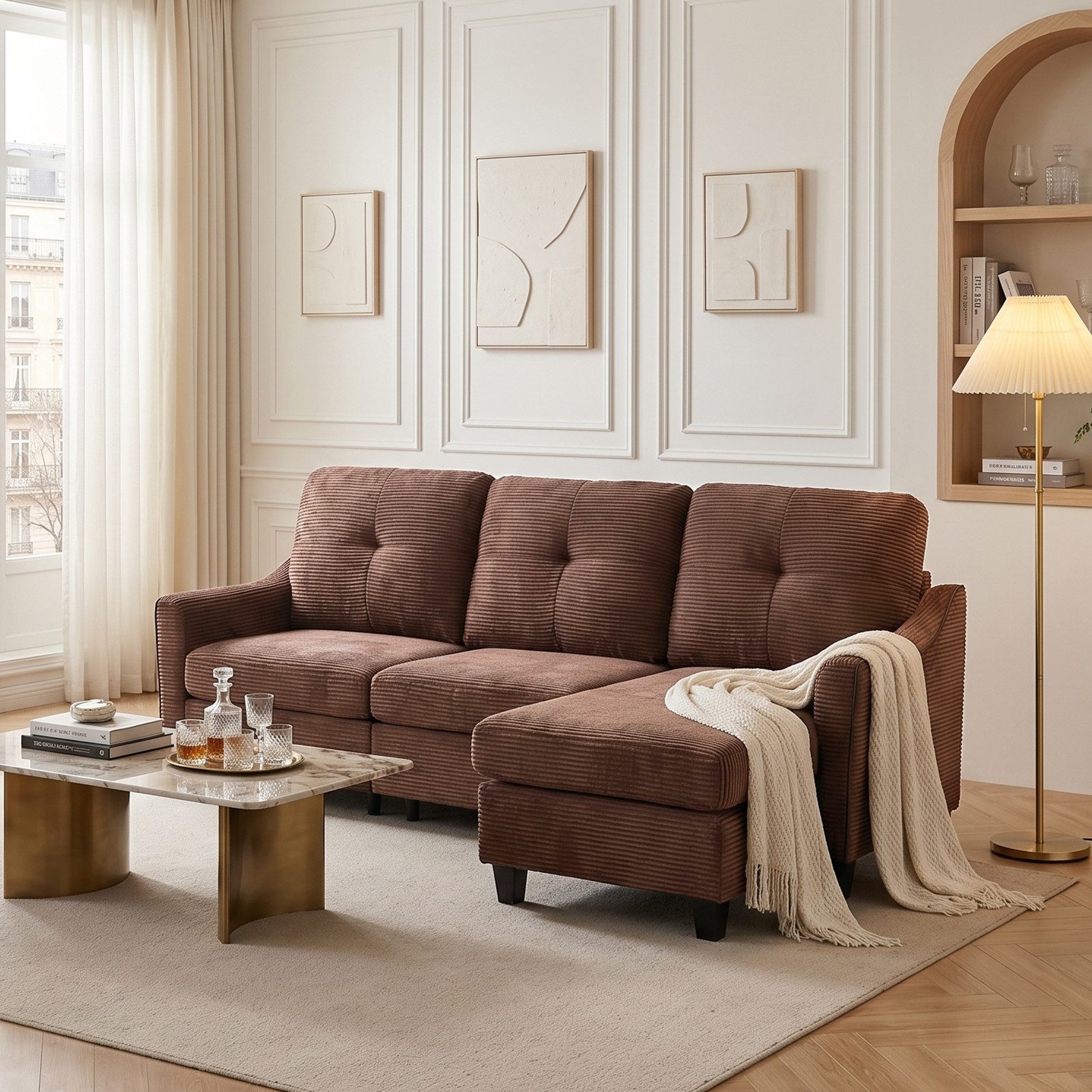 Jiexi Ecksofa Cord Sofa Braun mit Hocker, 3-Sitzer/4-Sitzer Couch fürs Wohnzimmer