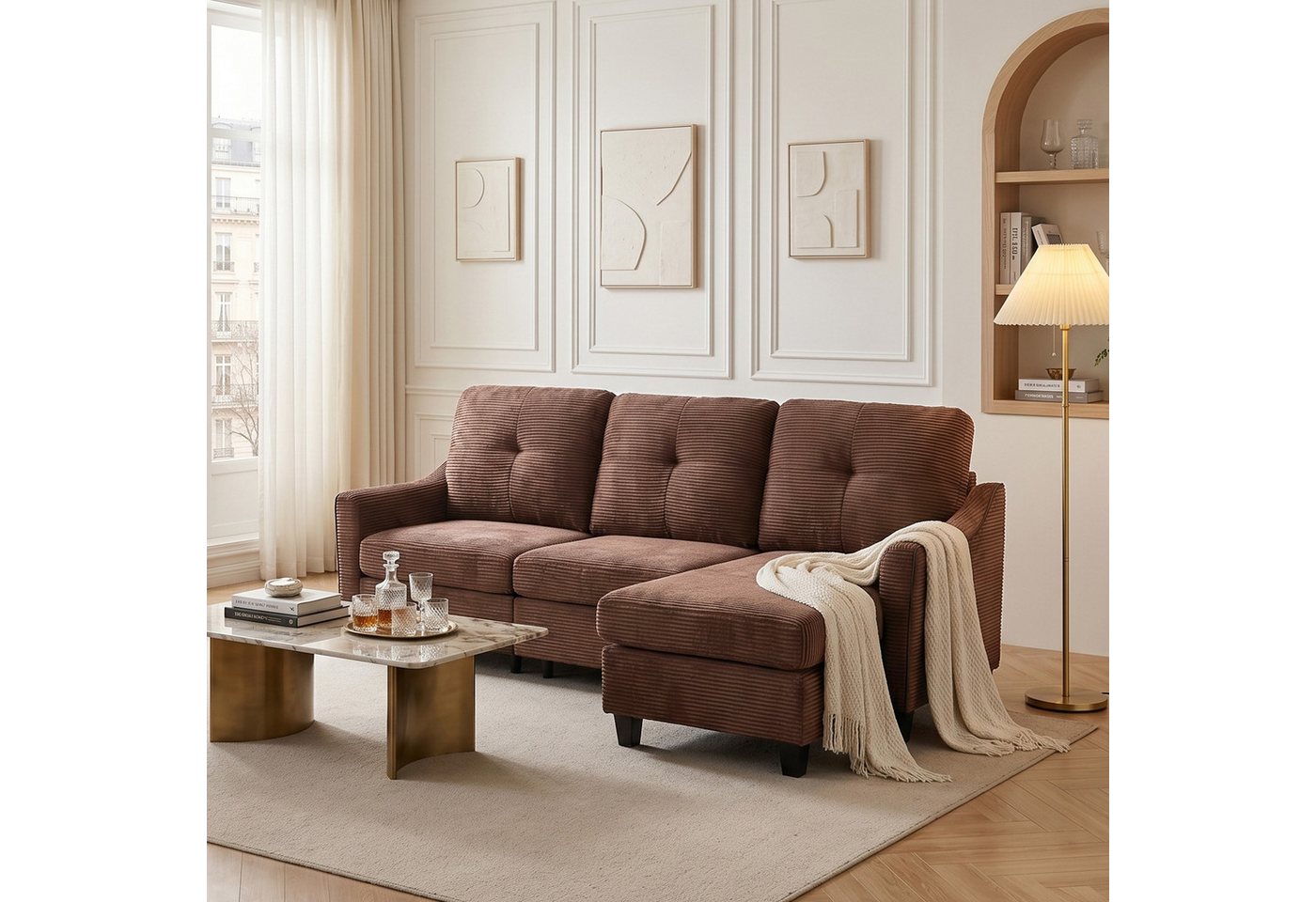Jiexi Ecksofa Cord Sofa Braun mit Hocker, 3-Sitzer/4-Sitzer Couch fürs Wohnzimmer