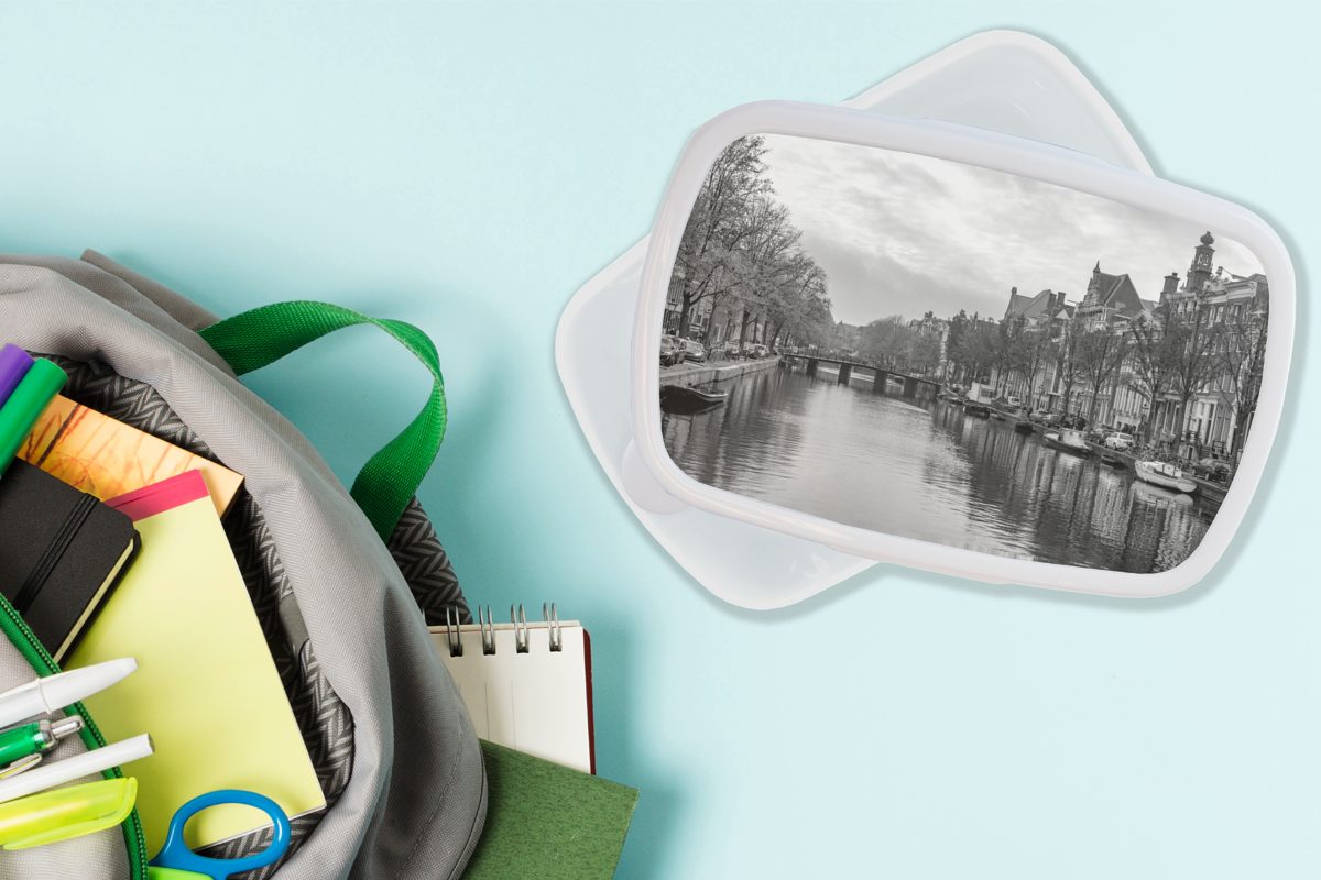 MuchoWow Lunchbox Alltägliches Bild der Jungs Kinder Kunststoff, Brotdose, Brotbox Mädchen Prinsengracht für schwarz-weiß, und - für Amsterdam in Erwachsene, und (2-tlg)