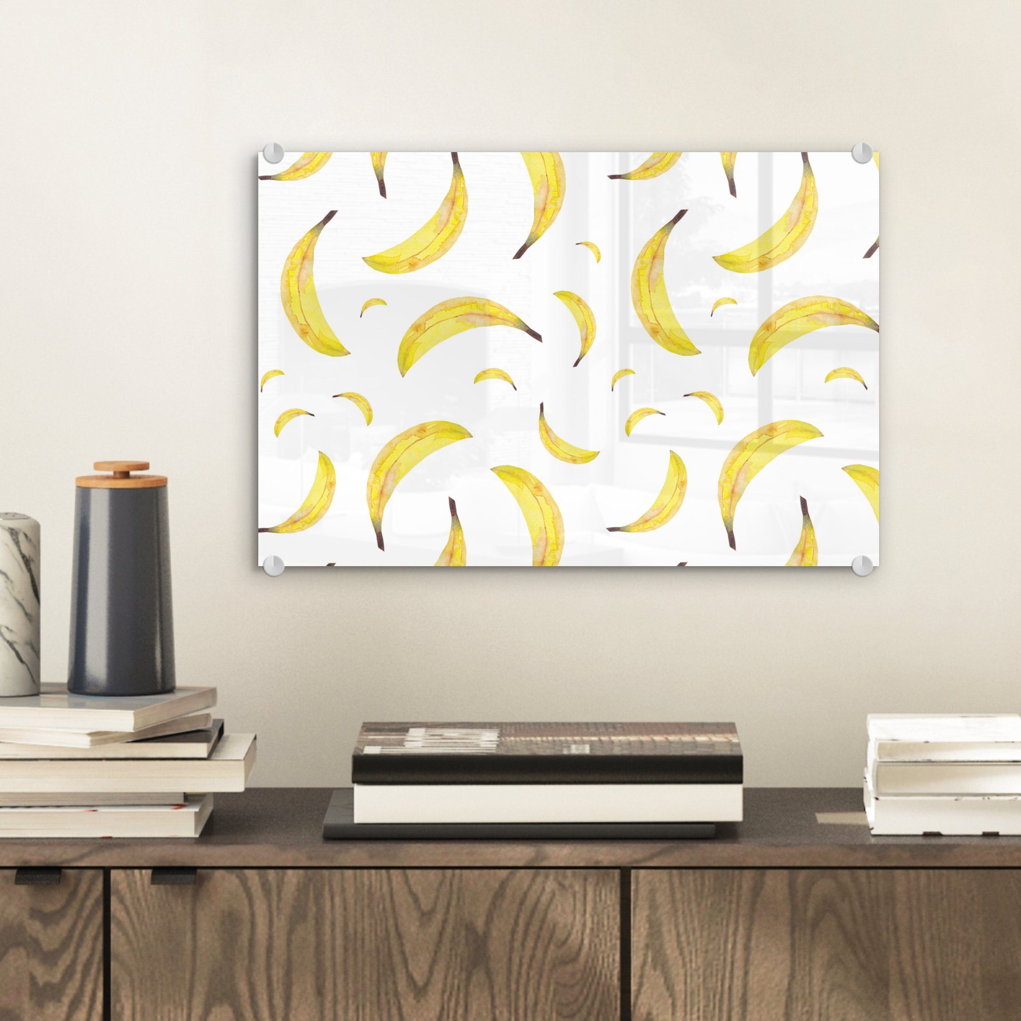 Foto St), Glas - (1 Weiß, Wanddekoration Obst Glas Bilder - auf Bananen - Glasbilder Wandbild MuchoWow - - auf Acrylglasbild