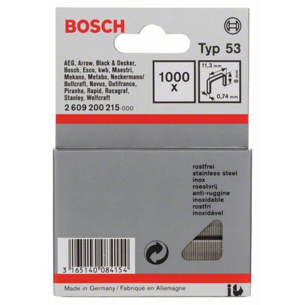 BOSCH Tackerklammer Feindrahtklammer Typ 53, 11.4 x 0.74 x 8 mm, 1000er-Pack 2609200215