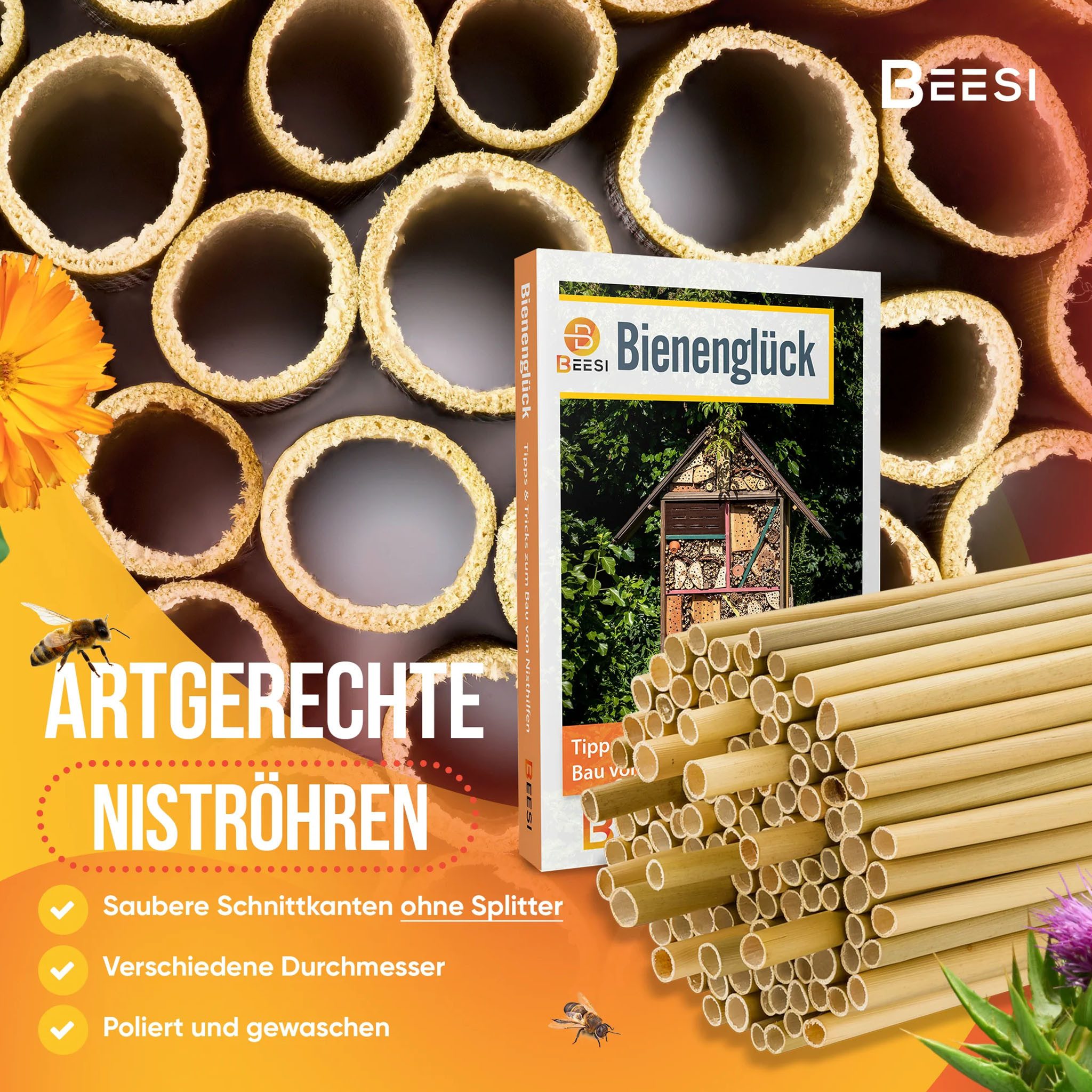 BEESI Insektenhotel 500x Bambusgras für Insektenhotel I 14 cm Länge I 3-7mm ⌀, (Packung, 500-St., 500x Bambusgras für Insektenhotel I 14 cm Länge I 3-7mm), 16T x 30B x 5H cm